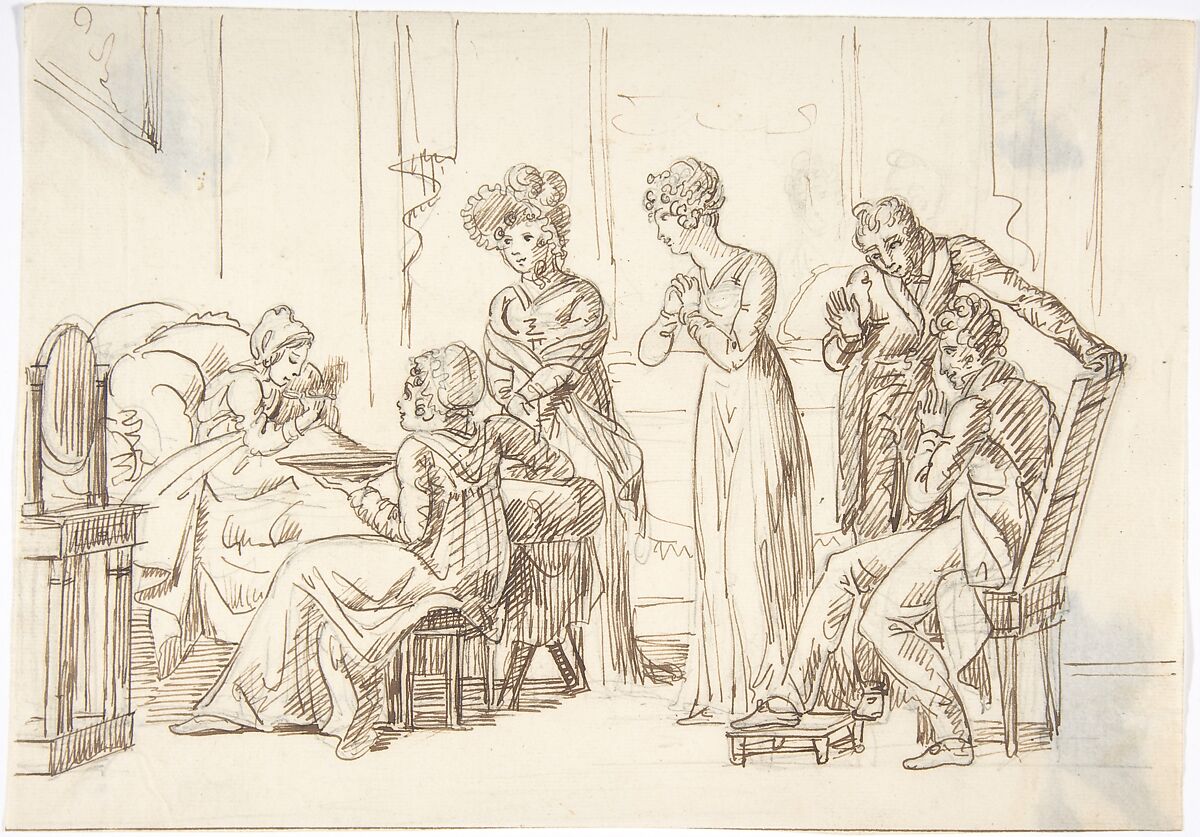 A Bedroom Scene, Anonymous, French, 19th century, Graphite, pen and brown ink 