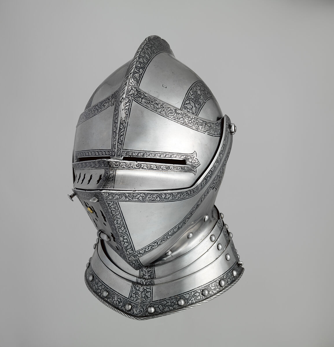 Close Helmet, Attributed to Wolfgang Grosschedel (German, Landshut, active ca. 1517–62), Steel, leather, copper alloy, German, Landshut
