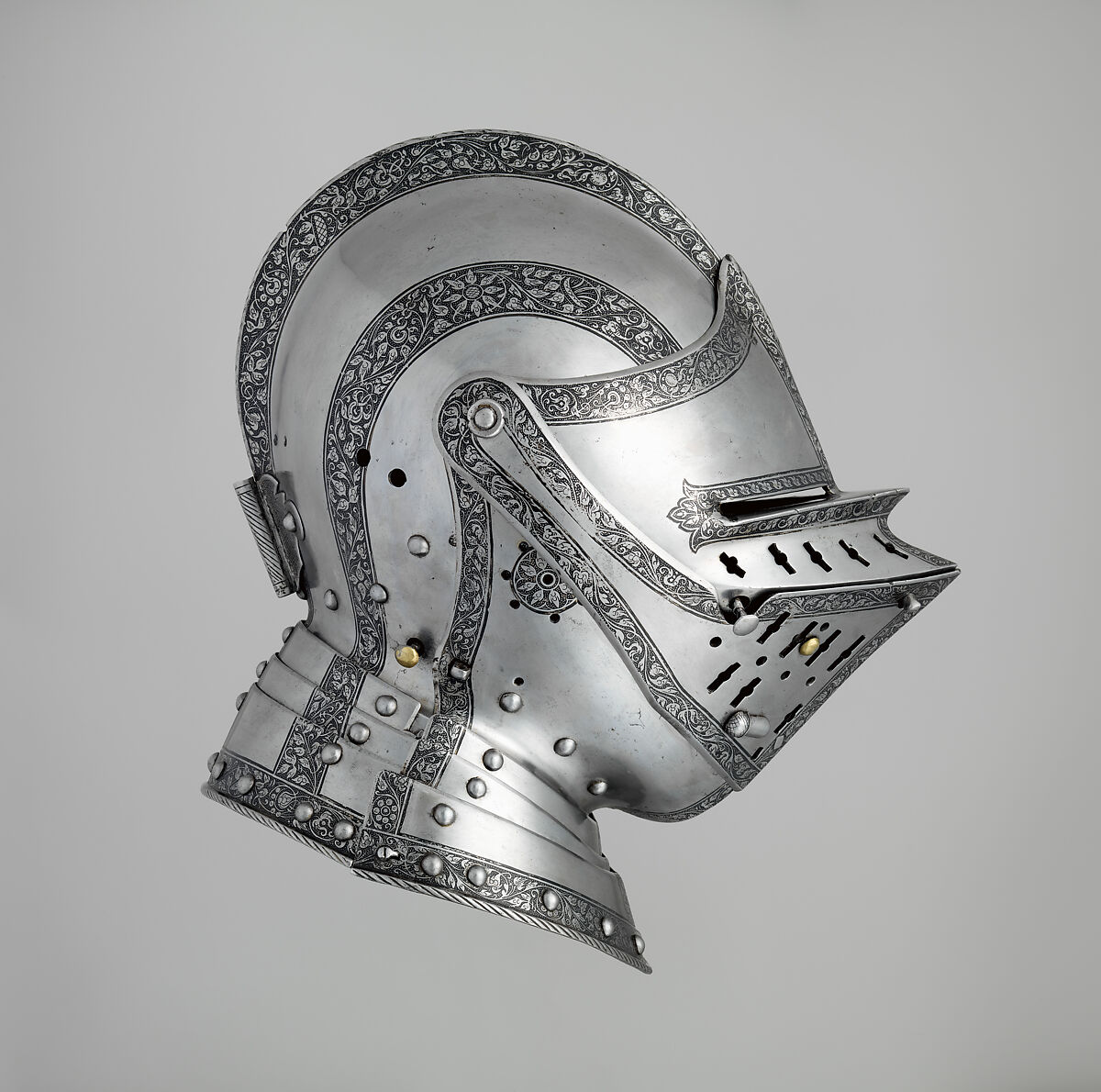 Close Helmet, Attributed to Wolfgang Grosschedel (German, Landshut, active ca. 1517–62), Steel, leather, copper alloy, German, Landshut 