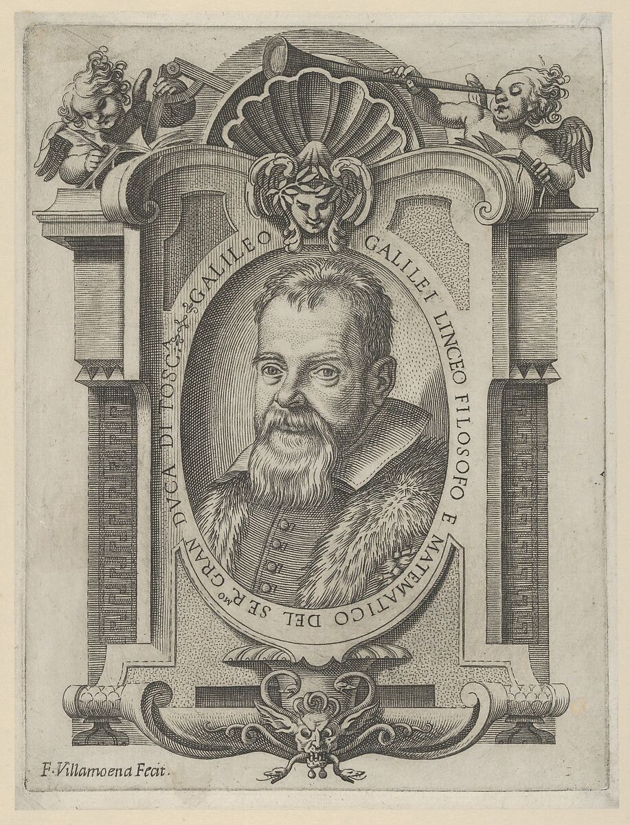 Portrait of Galileo Galilei set within an elaborate cartouche, Francesco Villamena (Italian, Assisi ca. 1565–1624 Rome), Engraving 