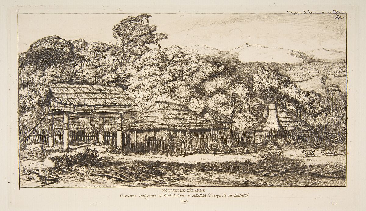 Native Barns and Huts at Akaroa, Banks Peninsula, 1845, Charles Meryon (French, 1821–1868), Etching 