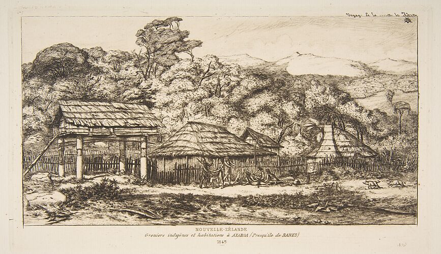 Native Barns and Huts at Akaroa, Banks Peninsula, 1845