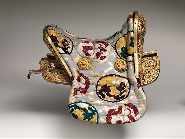 Saddle (gser sga) Made for Yuthok Tashi Dundrup (g.yu thog bkra shis don grub, 1906–1983), Copper alloy, iron, gold, turquoise, wood, leather, textile (silk, cotton), Tibetan, Derge