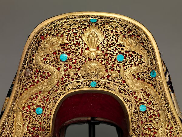 Saddle (gser sga) Made for Yuthok Tashi Dundrup (g.yu thog bkra shis don grub, 1906–1983), Copper alloy, iron, gold, turquoise, wood, leather, textile (silk, cotton), Tibetan, Derge