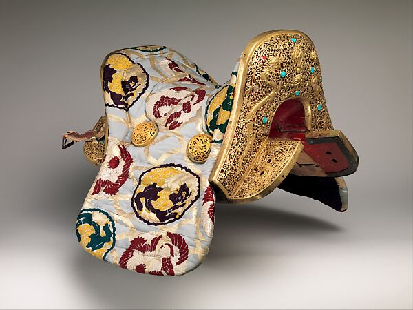 Saddle (gser sga) Made for Yuthok Tashi Dundrup (g.yu thog bkra shis don grub, 1906–1983), Copper alloy, iron, gold, turquoise, wood, leather, textile (silk, cotton), Tibetan, Derge 