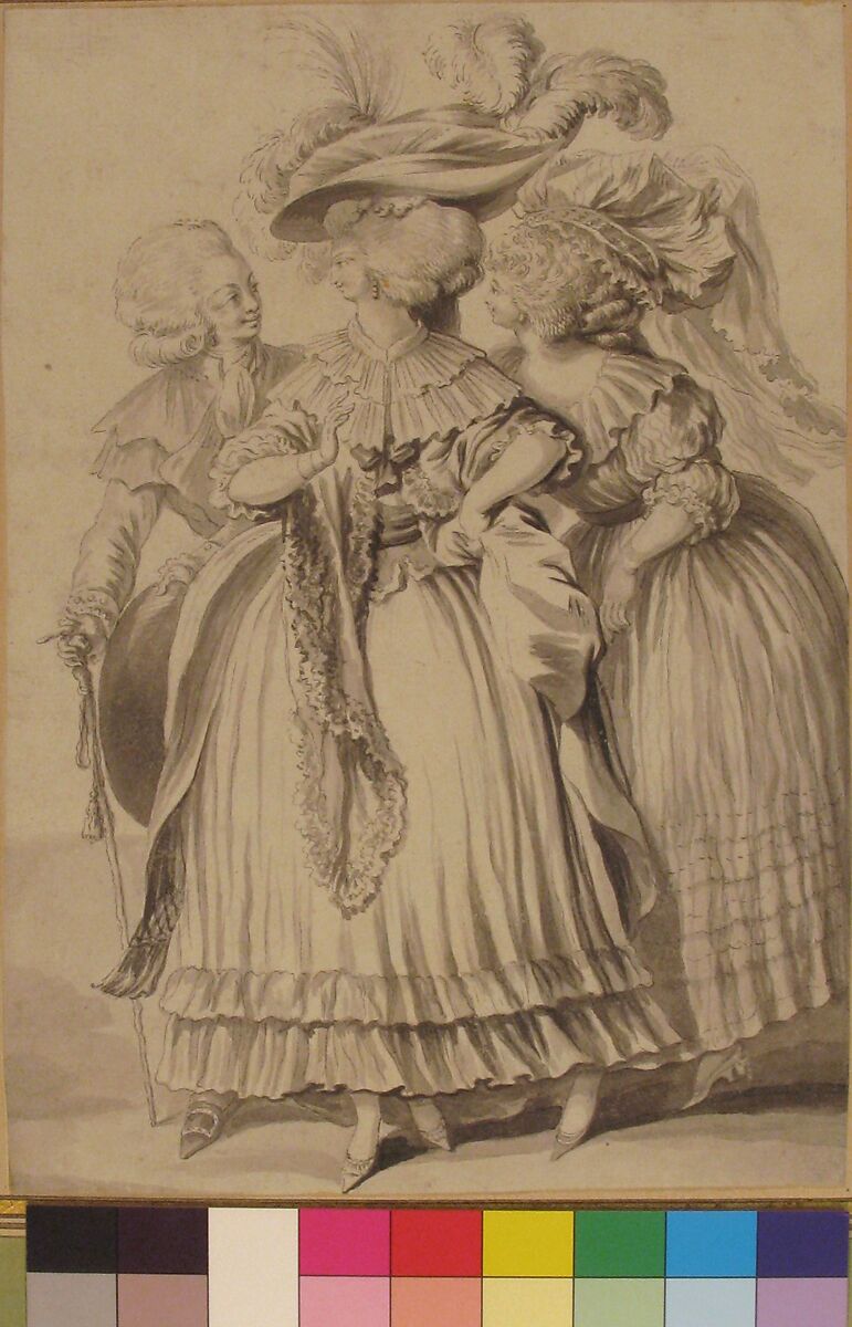 Two Ladies and a Gentleman, Attributed to Louis Binet (French, Paris 1744–1800  Paris), Pen and black ink, brush and gray wash, over graphite