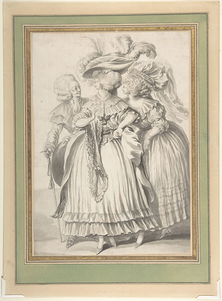 Two Ladies and a Gentleman, Attributed to Louis Binet (French, Paris 1744–1800  Paris), Pen and black ink, brush and gray wash, over graphite 