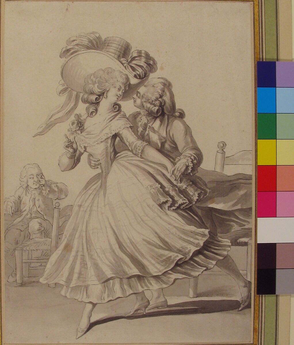 Costume Drawing: Lady and Gentleman Dancing, Attributed to Louis Binet (French, Paris 1744–1800  Paris), Pen and black ink, brush and gray wash, over graphite