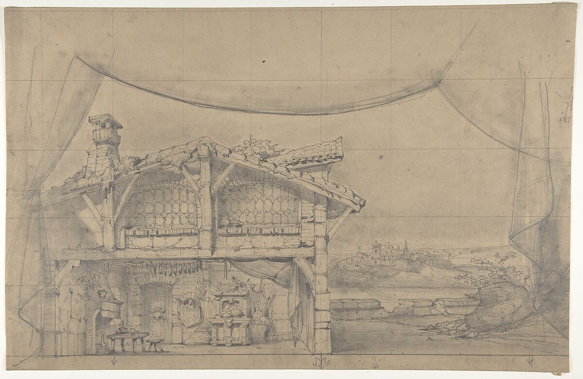 Design for a Stage Set at the Opéra, Paris: Interior of a Cottage, Eugène Cicéri (French, Paris 1813–1890 Fontainebleau), Graphite 