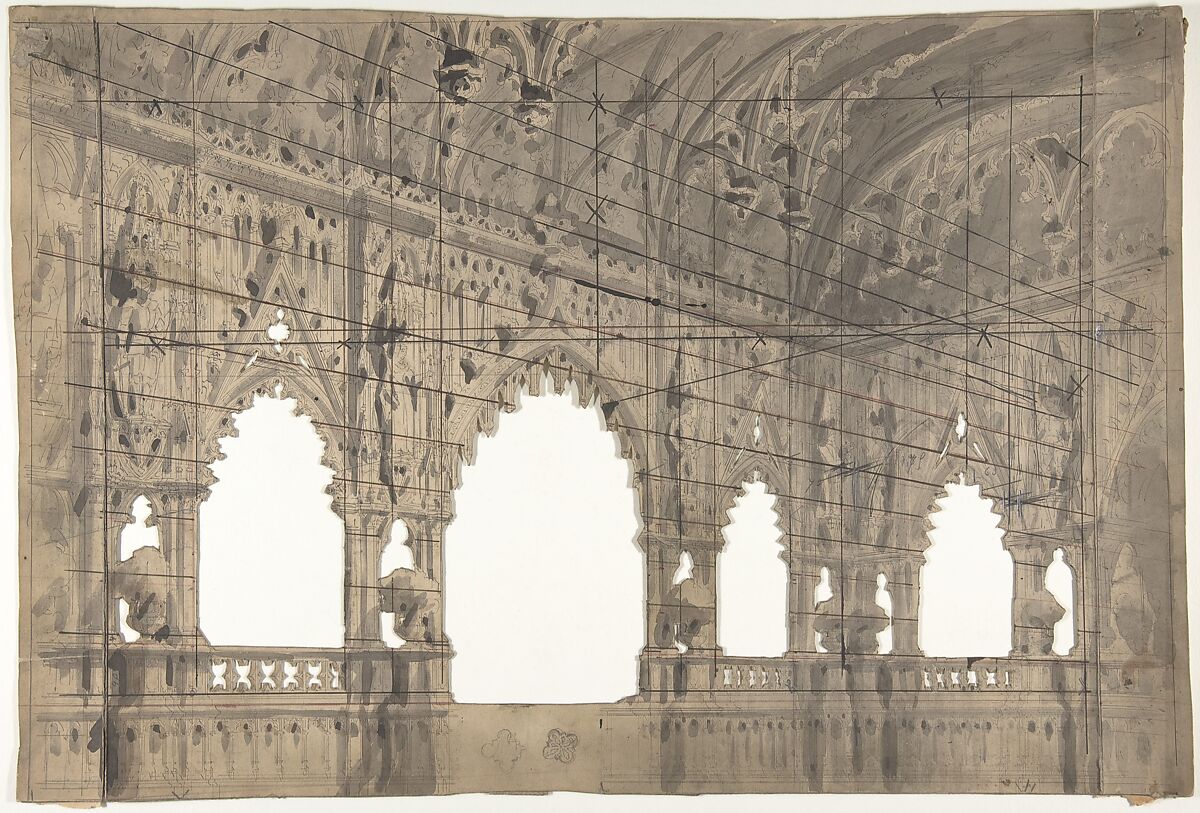 Design for a Stage Set at the Opéra, Paris: Church Interior, Eugène Cicéri (French, Paris 1813–1890 Fontainebleau), Pen and gray, red, and black ink, brush and gray wash, over graphite 
