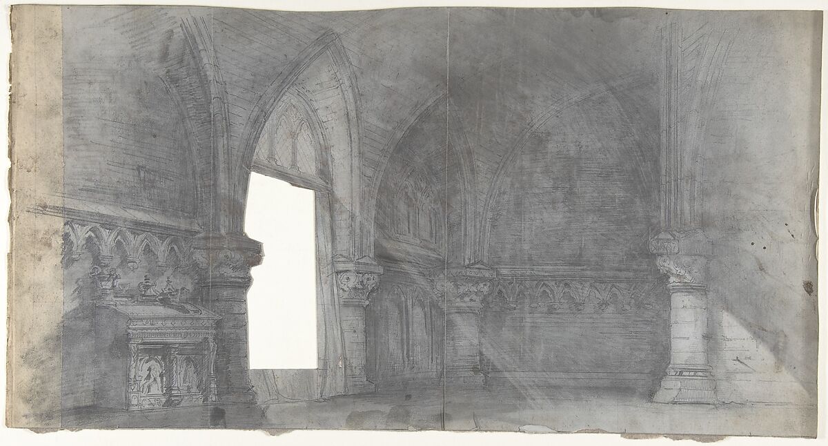 Design for a Stage Set at the Opéra, Paris: Church Interior, Eugène Cicéri (French, Paris 1813–1890 Fontainebleau), Graphite 