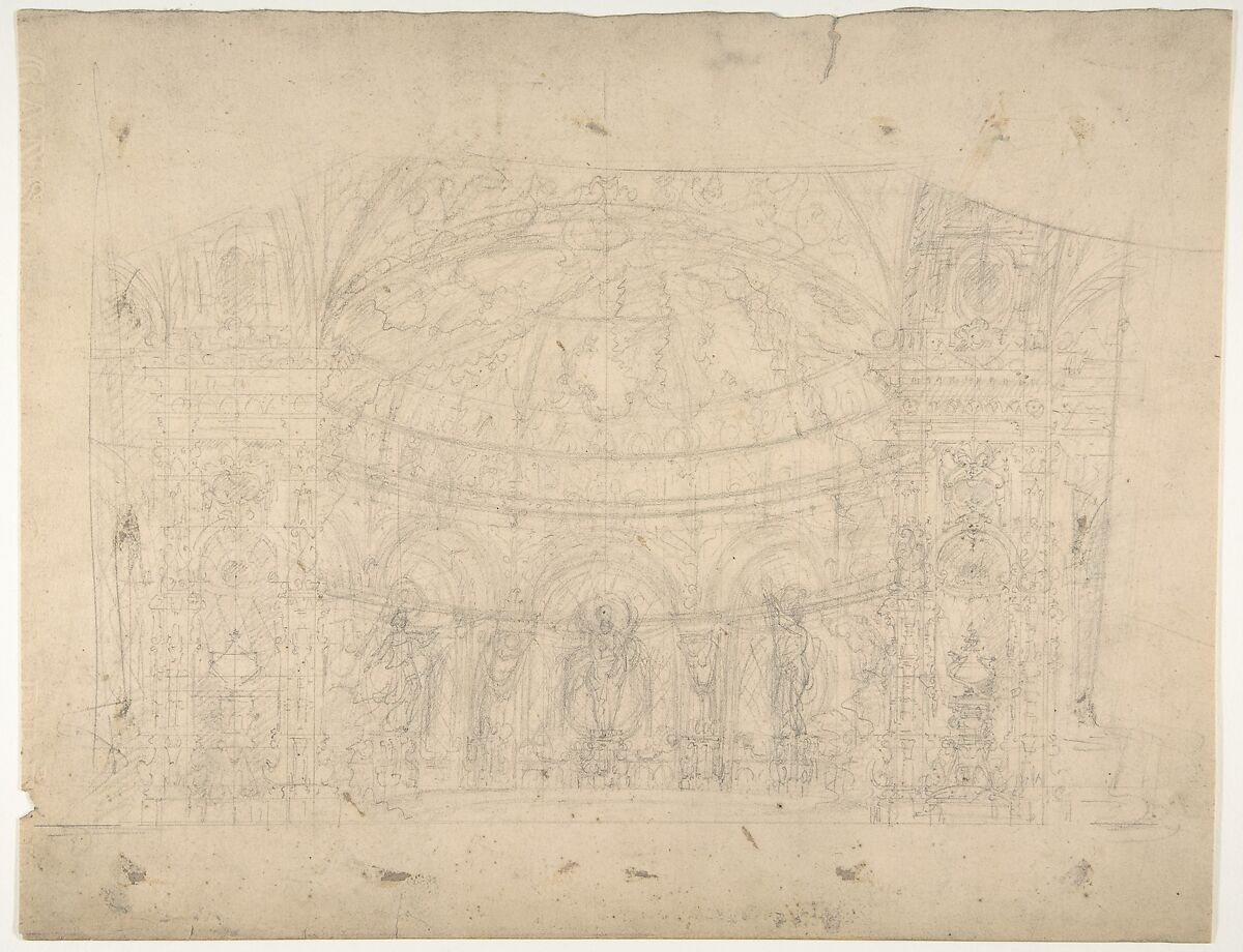 Design for a Stage Set at the Opéra, Paris: Domed Interior (recto); Sketches for Dome and Doors (verso), Eugène Cicéri (French, Paris 1813–1890 Fontainebleau), Graphite 