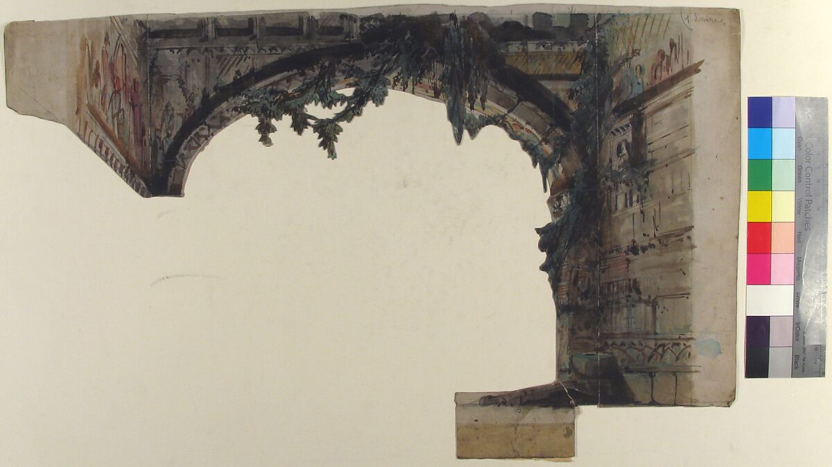 Design for a Stage Set at the Opéra, Paris, Eugène Cicéri (French, Paris 1813–1890 Fontainebleau), Brush and brown, gray, rose, and green wash, gouache, over graphite