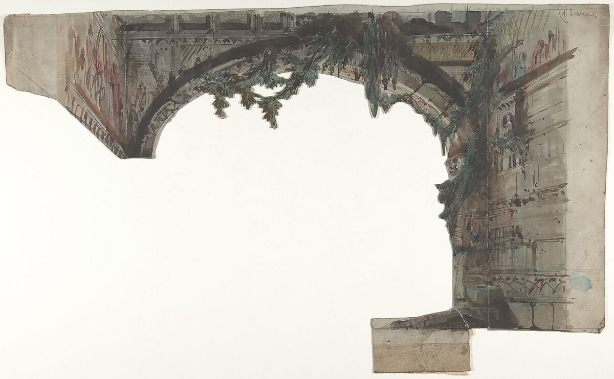 Design for a Stage Set at the Opéra, Paris, Eugène Cicéri (French, Paris 1813–1890 Fontainebleau), Brush and brown, gray, rose, and green wash, gouache, over graphite 