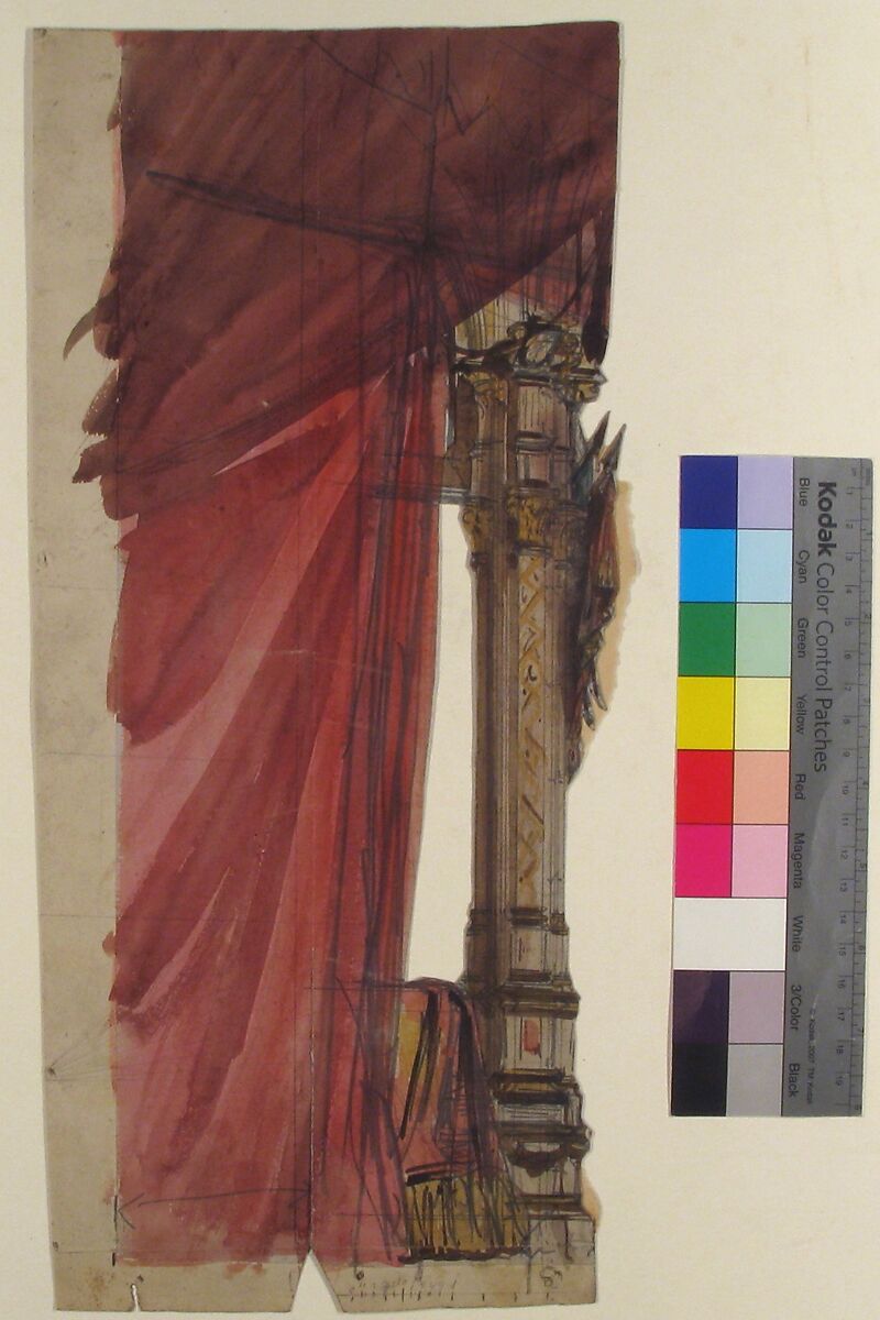 Design for a Stage Set at the Opéra, Paris, Eugène Cicéri (French, Paris 1813–1890 Fontainebleau), Brush and red, yellow, and brown wash, over  graphite