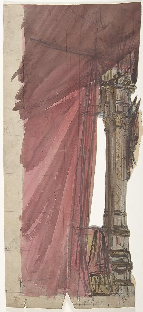 Design for a Stage Set at the Opéra, Paris, Eugène Cicéri (French, Paris 1813–1890 Fontainebleau), Brush and red, yellow, and brown wash, over  graphite 
