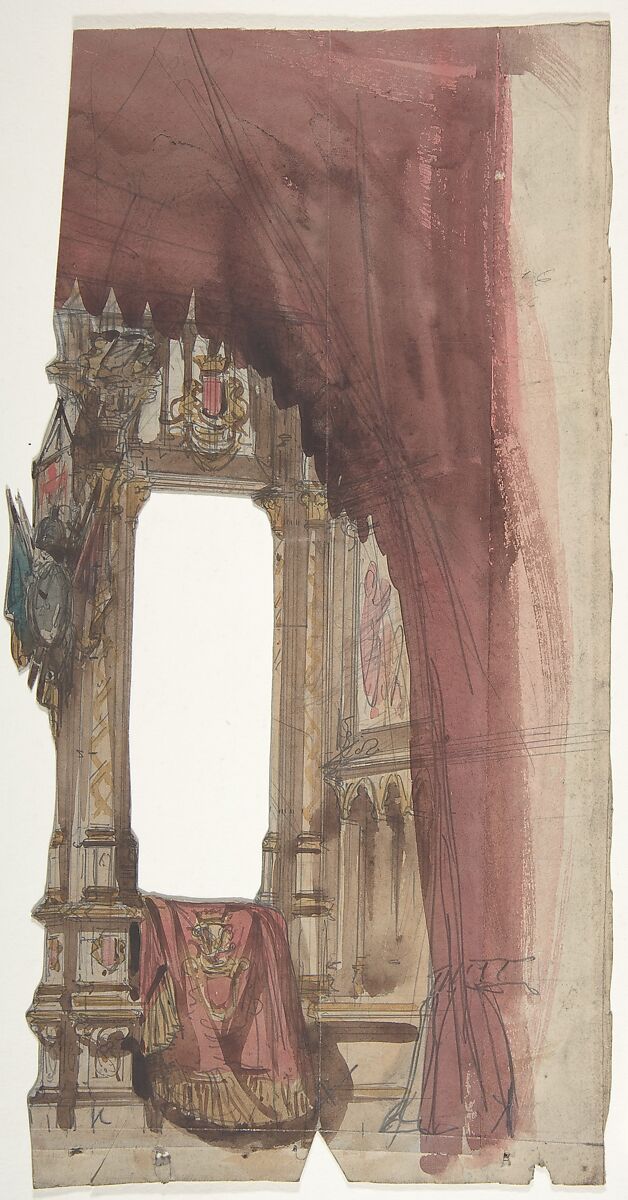 Design for a Stage Set at the Opéra, Paris, Eugène Cicéri (French, Paris 1813–1890 Fontainebleau), Brush and red, yellow, and brown wash, over graphite 
