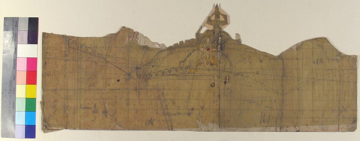 Design for a Stage Set at the Opéra, Paris, Eugène Cicéri (French, Paris 1813–1890 Fontainebleau), Graphite, brush and red and yellow wash