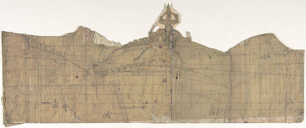 Design for a Stage Set at the Opéra, Paris, Eugène Cicéri (French, Paris 1813–1890 Fontainebleau), Graphite, brush and red and yellow wash 