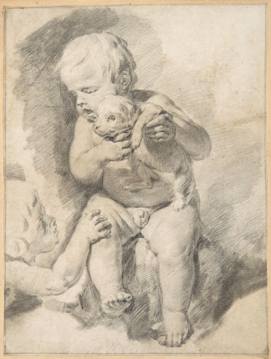 Two Boys with a Puppy, Cornelis Visscher (Dutch, Haarlem (?) 1628/29–1658 Amsterdam), Black chalk and graphite on parchment 