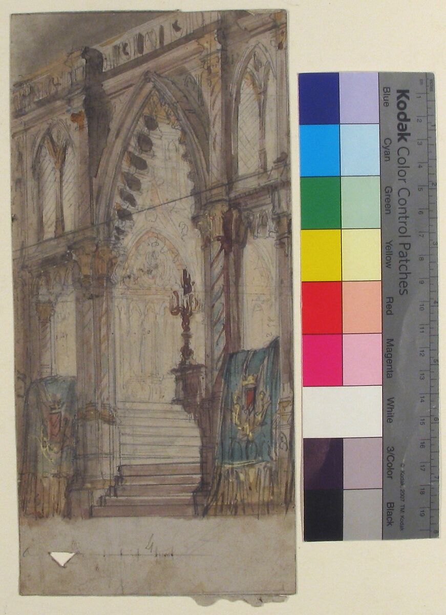 Design for a Stage Set at the Opéra, Paris: Church Interior, Eugène Cicéri (French, Paris 1813–1890 Fontainebleau), Brush and brown and green wash, gouache, over graphite