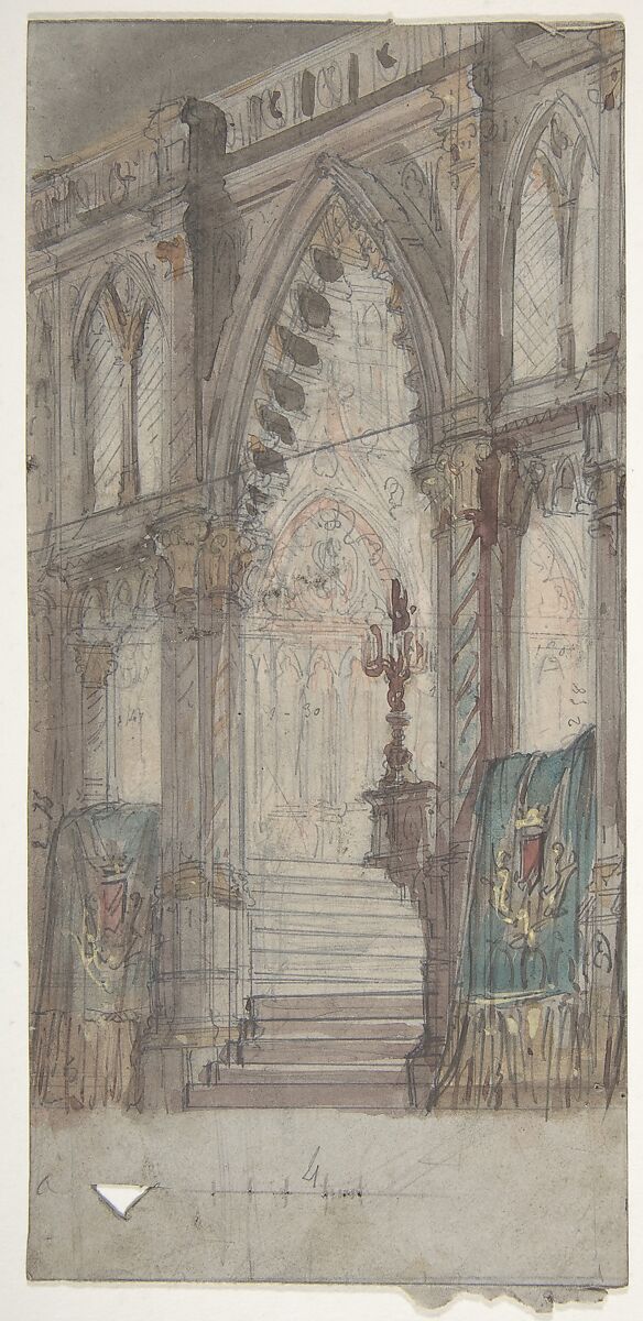 Design for a Stage Set at the Opéra, Paris: Church Interior, Eugène Cicéri (French, Paris 1813–1890 Fontainebleau), Brush and brown and green wash, gouache, over graphite 