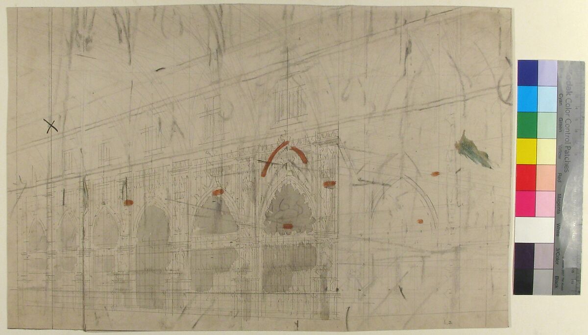Design for a Stage Set at the Opéra, Paris: Church Interior, Eugène Cicéri (French, Paris 1813–1890 Fontainebleau), Pen and gray ink, brush and gray wash, gouache, over graphite