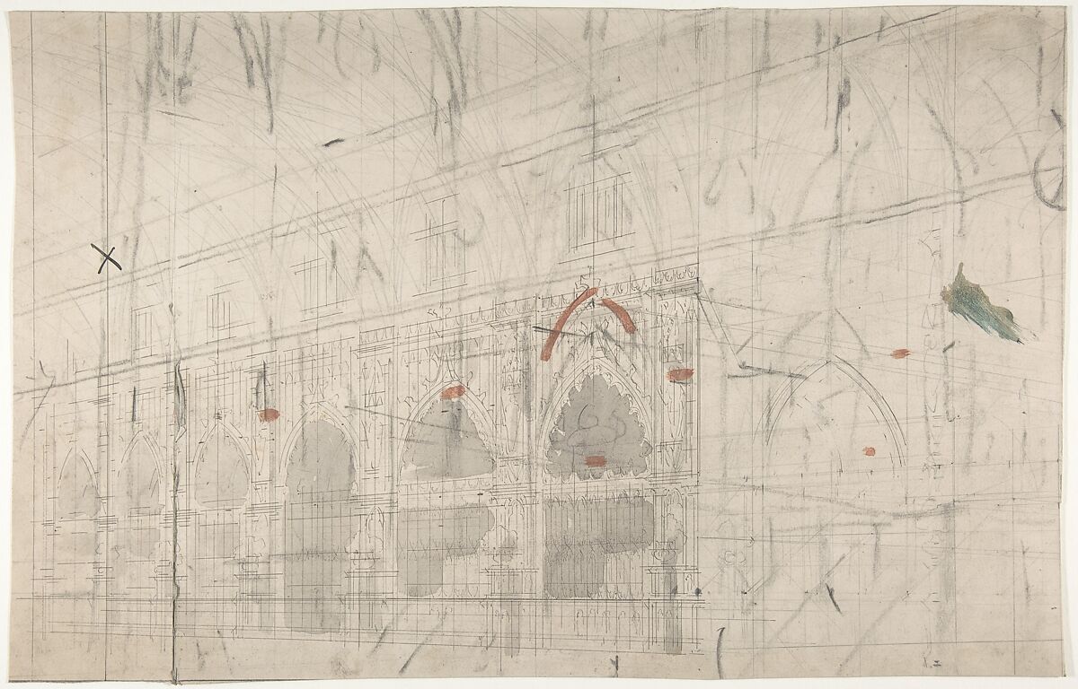 Design for a Stage Set at the Opéra, Paris: Church Interior, Eugène Cicéri (French, Paris 1813–1890 Fontainebleau), Pen and gray ink, brush and gray wash, gouache, over graphite 