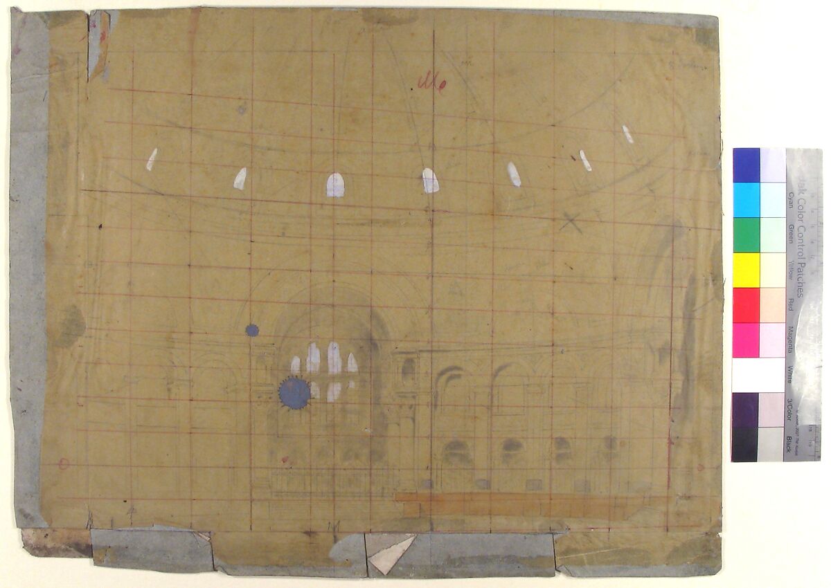 Design for a Stage Set at the Opéra, Paris: Church Interior, Eugène Cicéri (French, Paris 1813–1890 Fontainebleau), Pen and red ink, gouache, and graphite