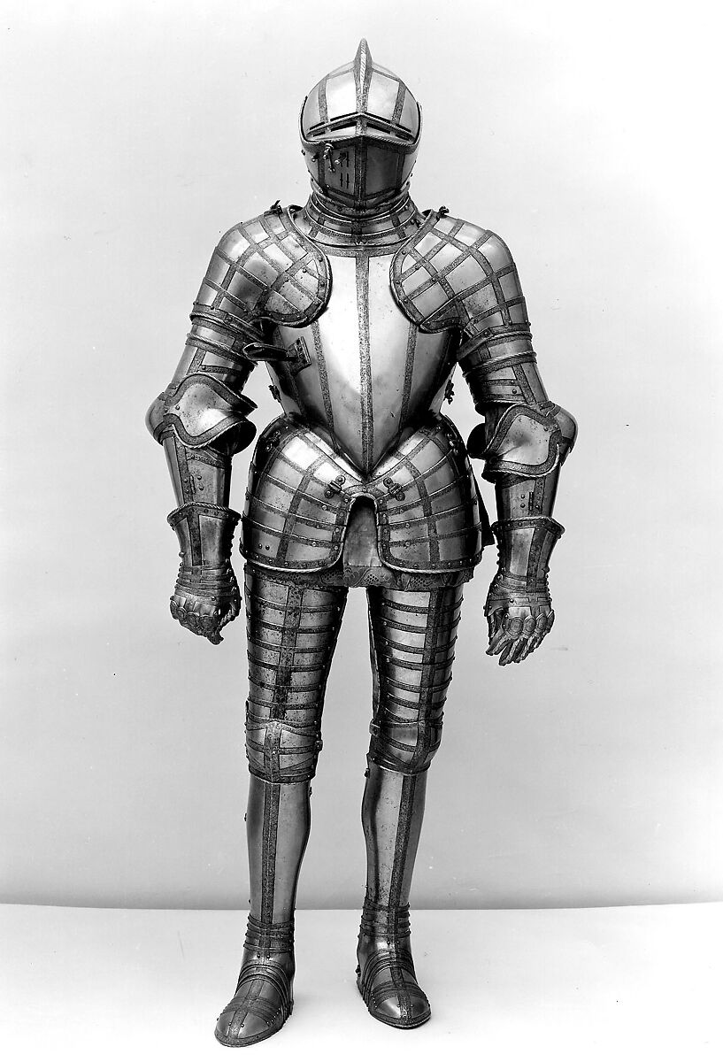 Field Armor Probably of Sir John 
Scudamore (1541 or 1542–1623), Made under the direction of Jacob Halder (British, master armorer at the royal workshops at Greenwich, documented in England 1558–1608), Steel, gold, leather, British, Greenwich