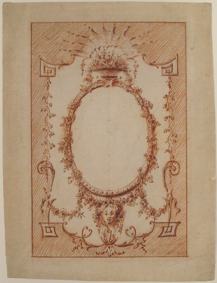 Design for Upright Decorative Panel, Anonymous, French, 18th century, Red chalk over black chalk with traces of brown wash