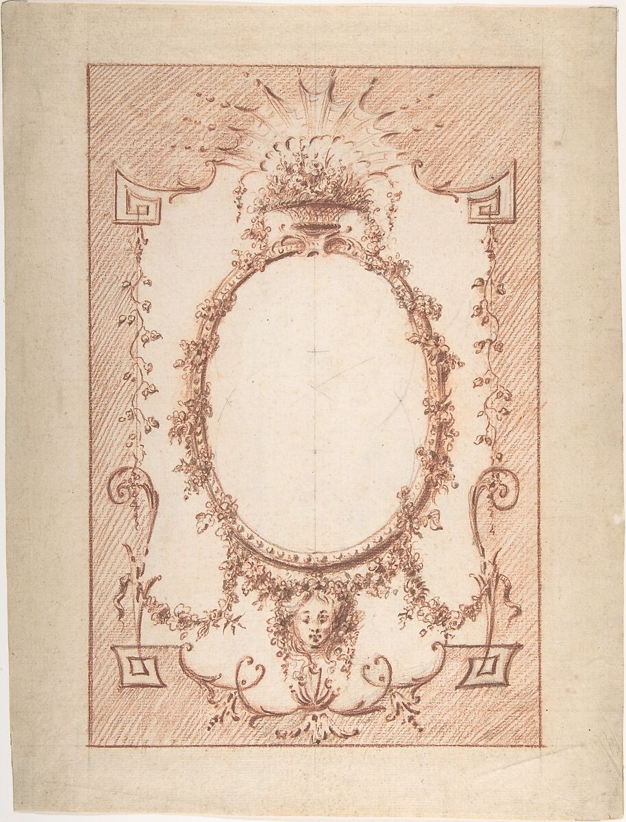 Design for Upright Decorative Panel, Anonymous, French, 18th century, Red chalk over black chalk with traces of brown wash 