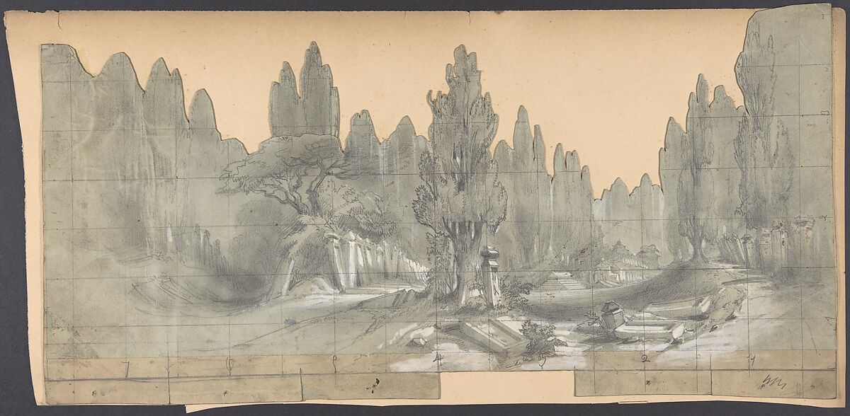 Design for a Stage Set at the Opéra, Paris, Eugène Cicéri (French, Paris 1813–1890 Fontainebleau), Graphite, heightened with white 