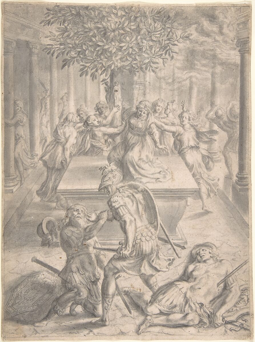 The Sack of Troy: Pyrrhus Killing Priam, Franz Cleyn (German, Rostock 1582–1658 London), Black chalk and gray wash on a sheet of laid paper; incised for transfer; framing lines in graphite; verso treated with red chalk for transfer 