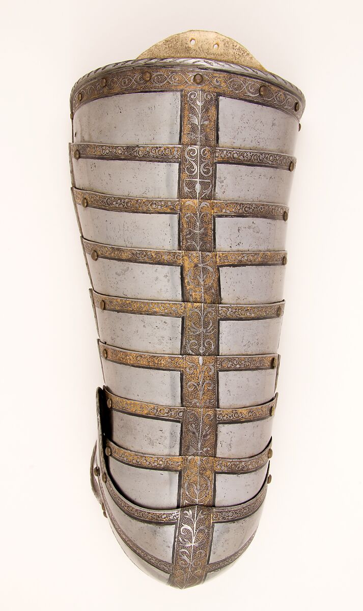 Right Thigh and Knee Defense (Cuisse and Poleyn) for the Armor of Sir John 
Scudamore (1541 or 1542–1623), Daniel Tachaux (French, 1857–1928, active in France and America), Steel, gold, leather, American, New York 