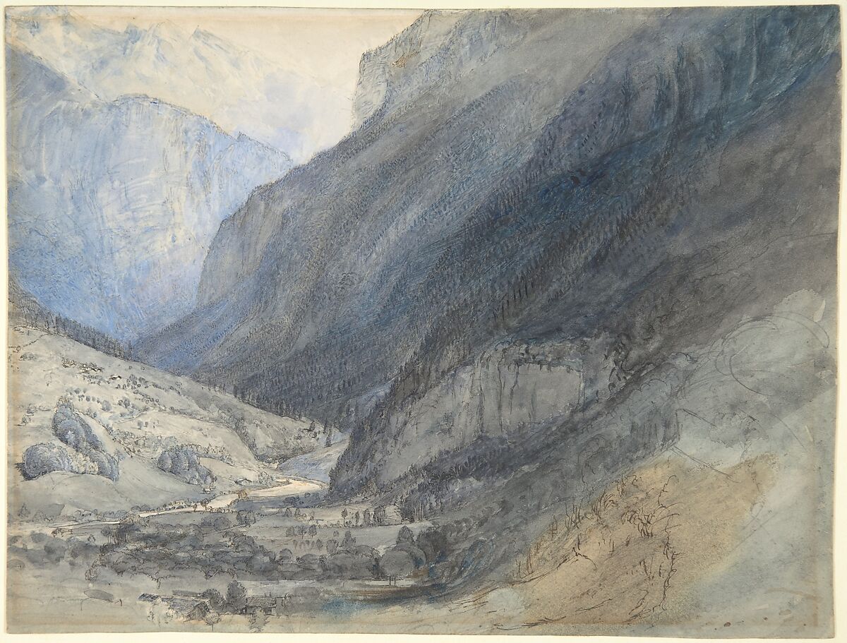 The Valley of Lauterbrunnen, Switzerland, John Ruskin (British, London 1819–1900 Brantwood, Cumbria), Watercolor, gouache (bodycolor), pen and brown ink, over graphite 