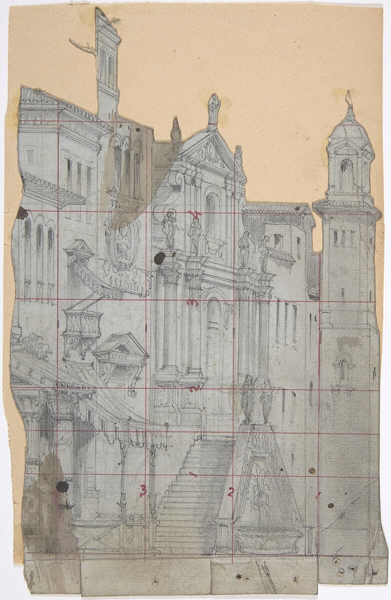 Design for a Stage Set at the Opéra, Paris, Eugène Cicéri (French, Paris 1813–1890 Fontainebleau), Graphite, with squaring lines in pen and red ink 