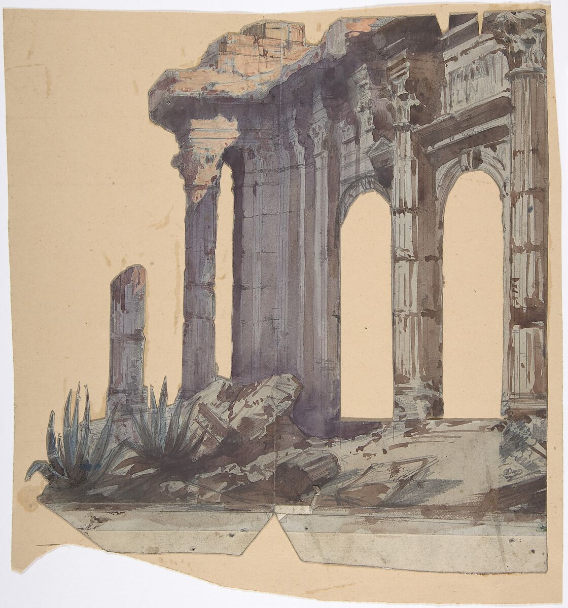 Design for a Stage Set at the Opéra, Paris: Columned Exterior, Eugène Cicéri (French, Paris 1813–1890 Fontainebleau), Watercolor and gouache over graphite 