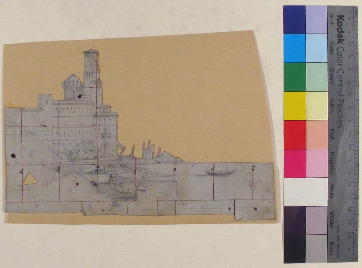 Design for a Stage Set at the Opéra, Paris, Eugène Cicéri (French, Paris 1813–1890 Fontainebleau), Graphite, with squaring lines in pen and red ink