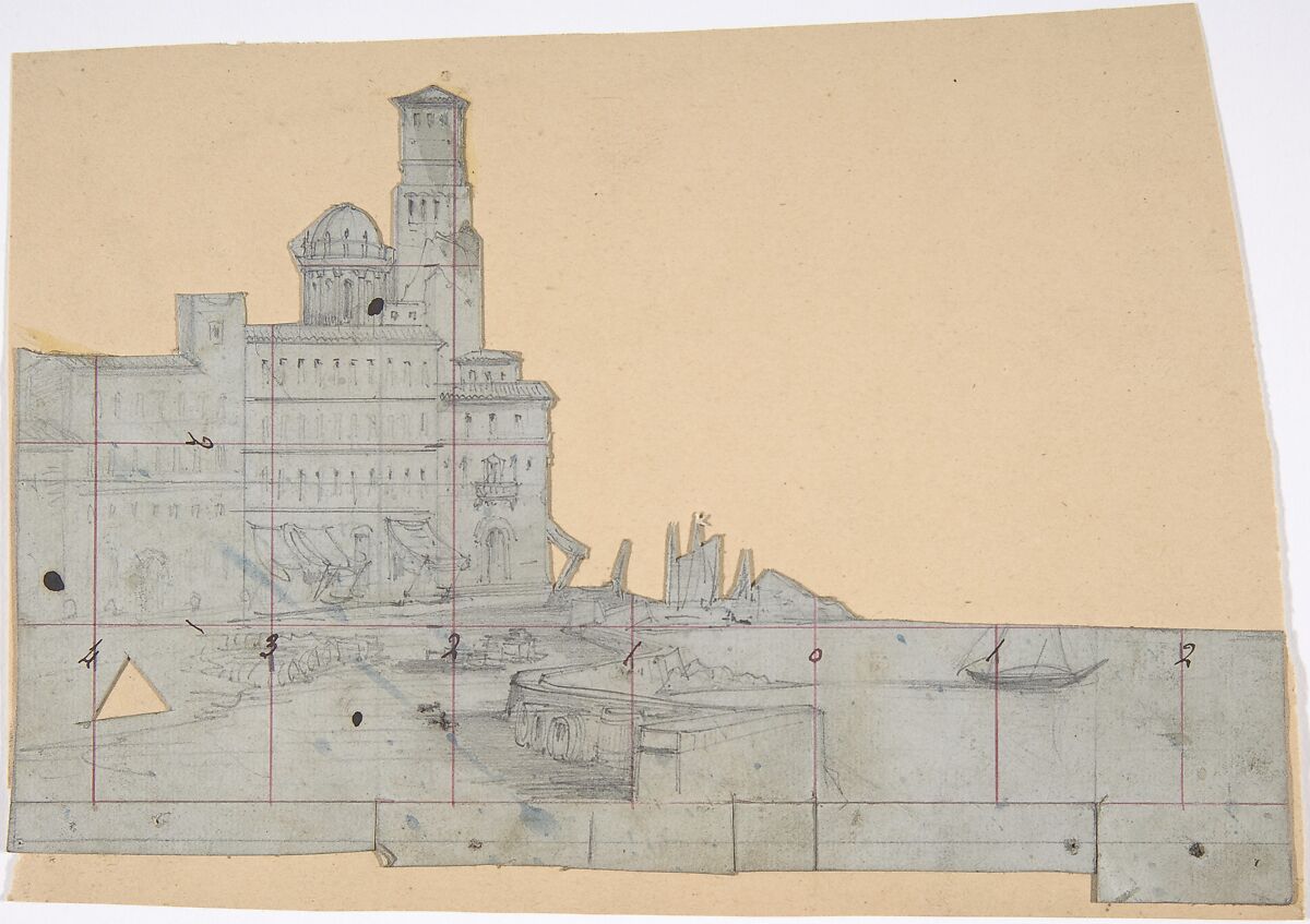 Design for a Stage Set at the Opéra, Paris, Eugène Cicéri (French, Paris 1813–1890 Fontainebleau), Graphite, with squaring lines in pen and red ink 