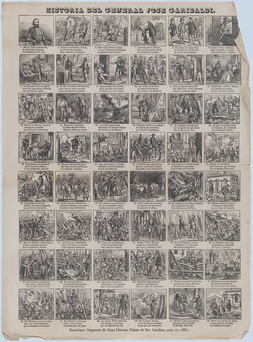 Broadside with 48 scenes relating to the life of Giuseppe Garibaldi, Juan Llorens (Spanish, active Barcelona, ca. 1855–70), Wood engraving 