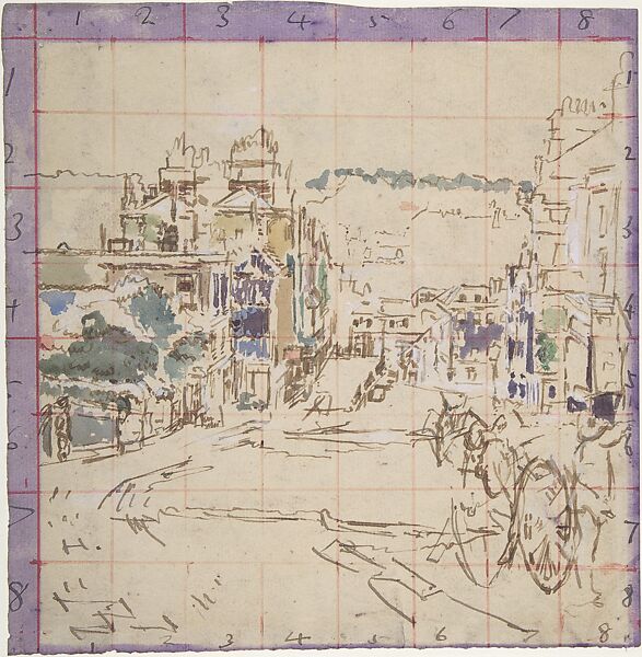 Entry Hill, Belvedere, Bath, Walter Richard Sickert (British, Munich 1860–1942 Bathampton, Somerset), Watercolor squared for transfer in pen and red ink, heightened with white gouache (bodycolor) 