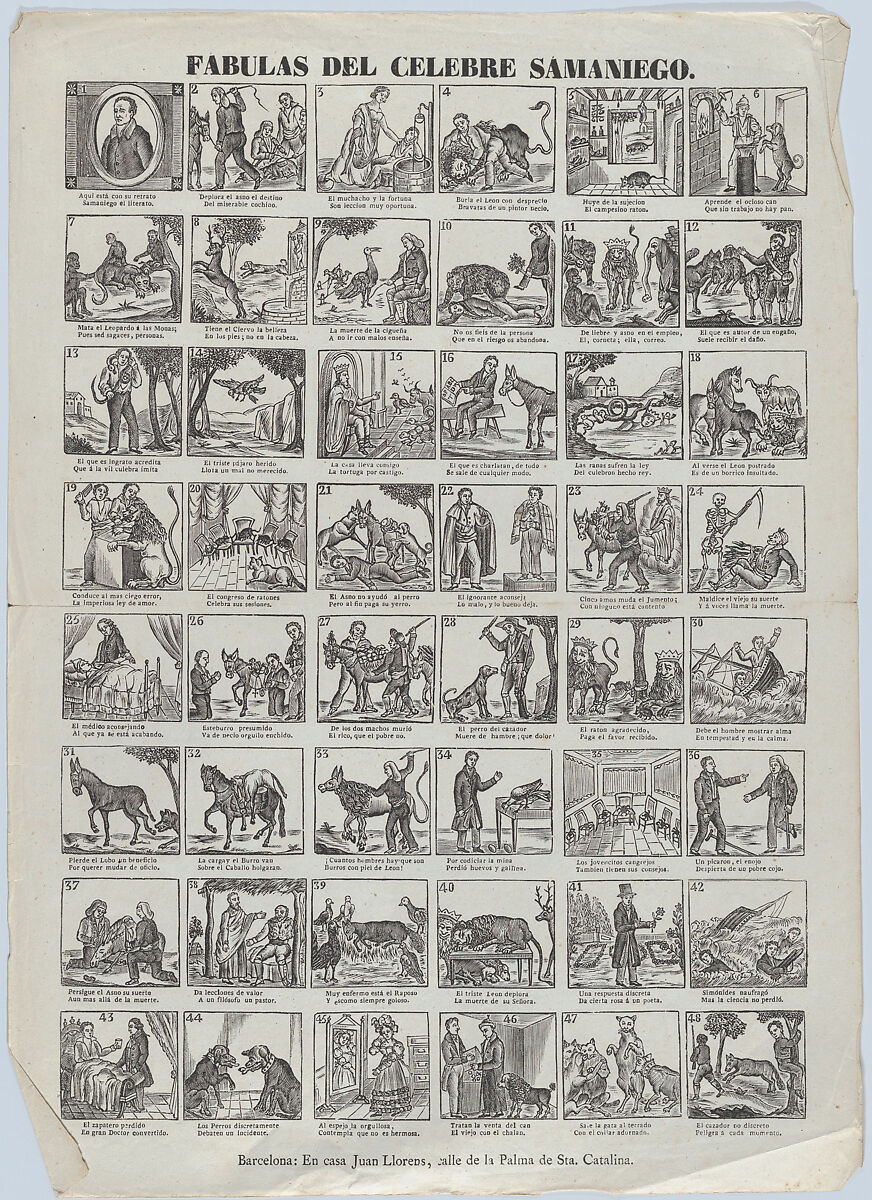 Broadside with 48 scenes depicting fables by Félix María de Samaniego, Juan Llorens (Spanish, active Barcelona, ca. 1855–70), Wood engraving 