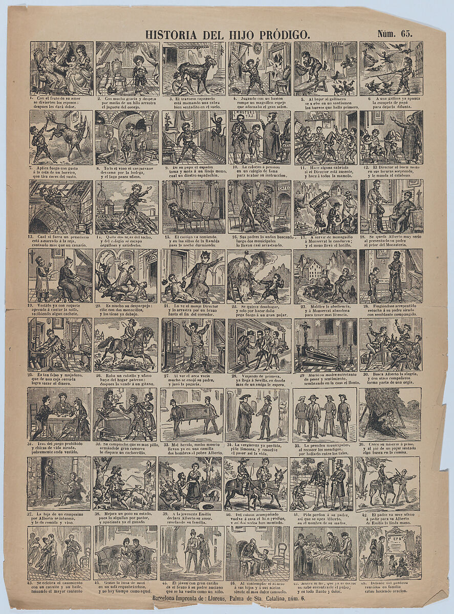 Broadside with 48 scenes relating to the story of the prodigal son, Juan Llorens (Spanish, active Barcelona, ca. 1855–70), Wood engraving 
