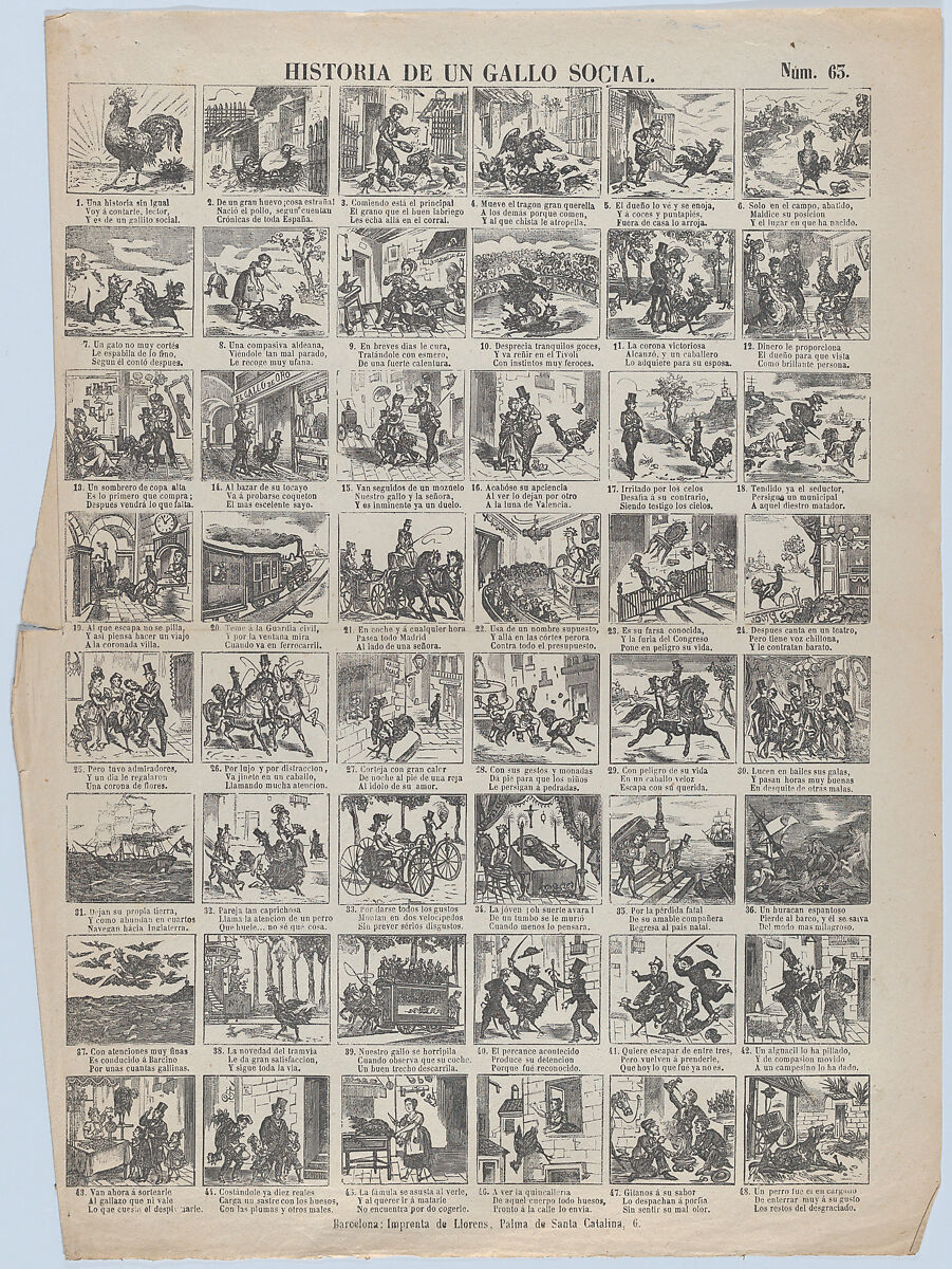 Broadside with 48 scenes telling the story of the chicken (social advancement and decline), Juan Llorens (Spanish, active Barcelona, ca. 1855–70), Wood engraving and letterpress 