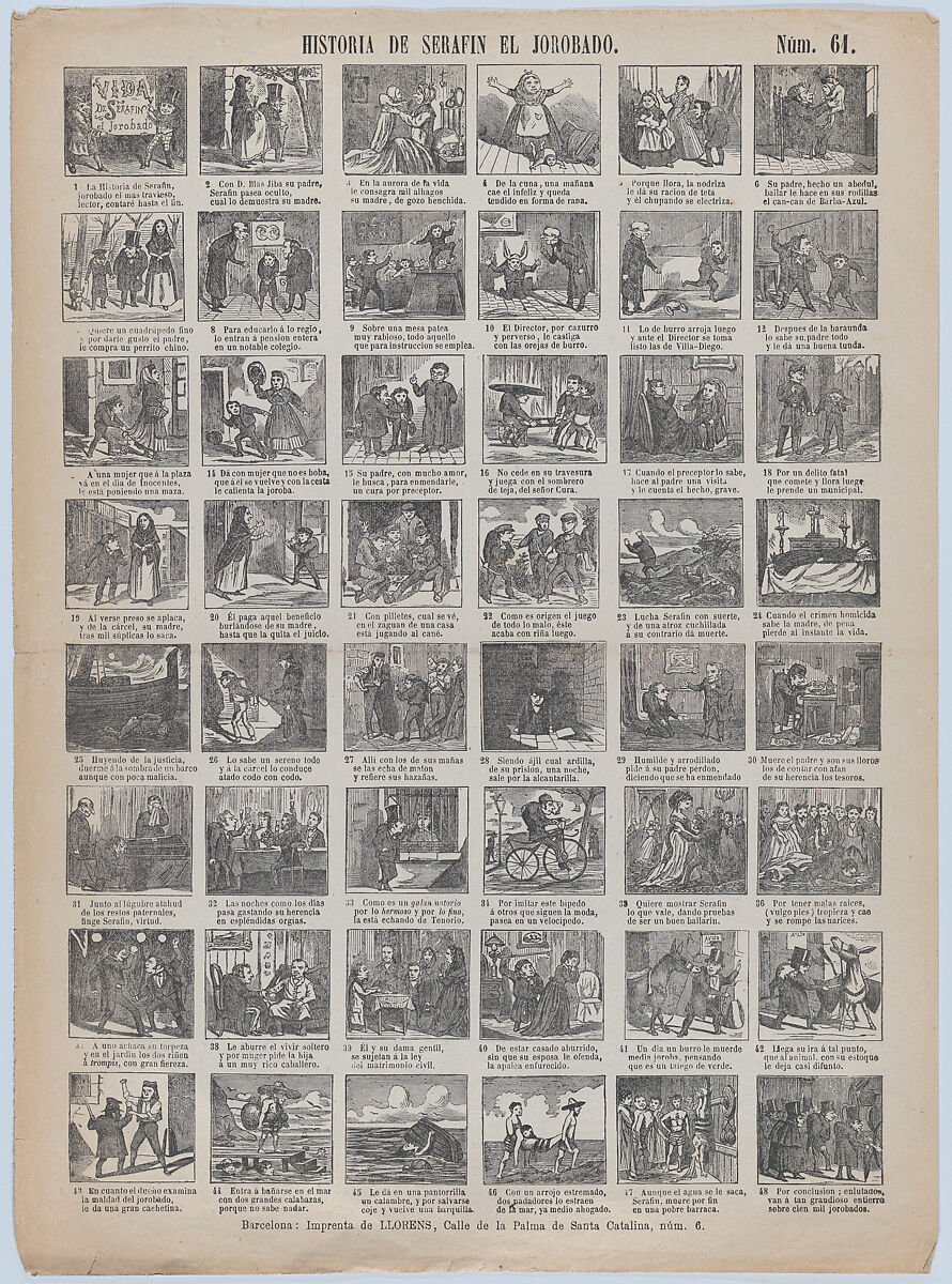Broadside with 48 scenes relating to the life hunchback, Juan Llorens (Spanish, active Barcelona, ca. 1855–70), Wood engraving and letterpress 