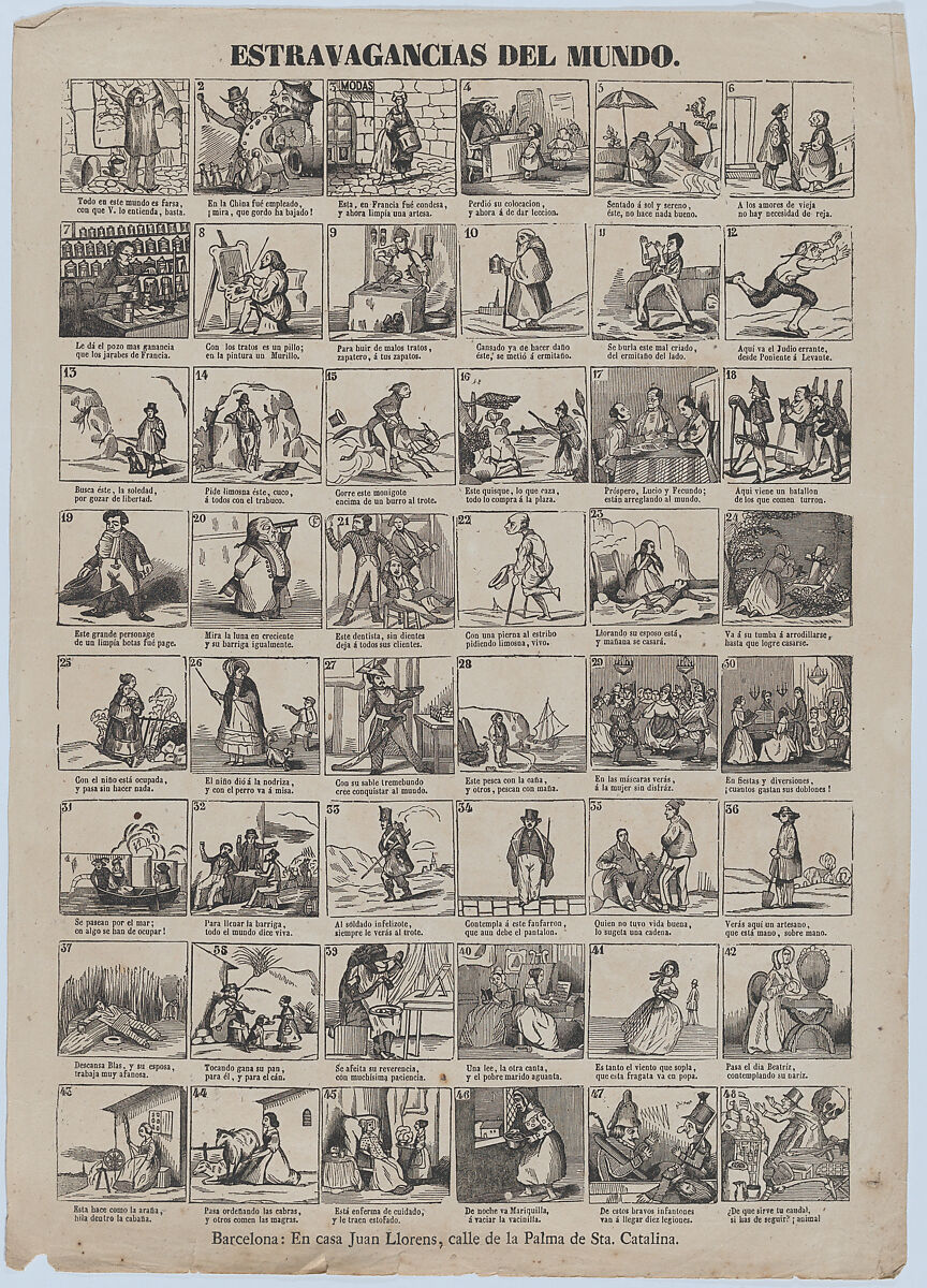 Broadside with 48 scenes showing extravagances of the world, Juan Llorens (Spanish, active Barcelona, ca. 1855–70), Wood engraving and letterpress 