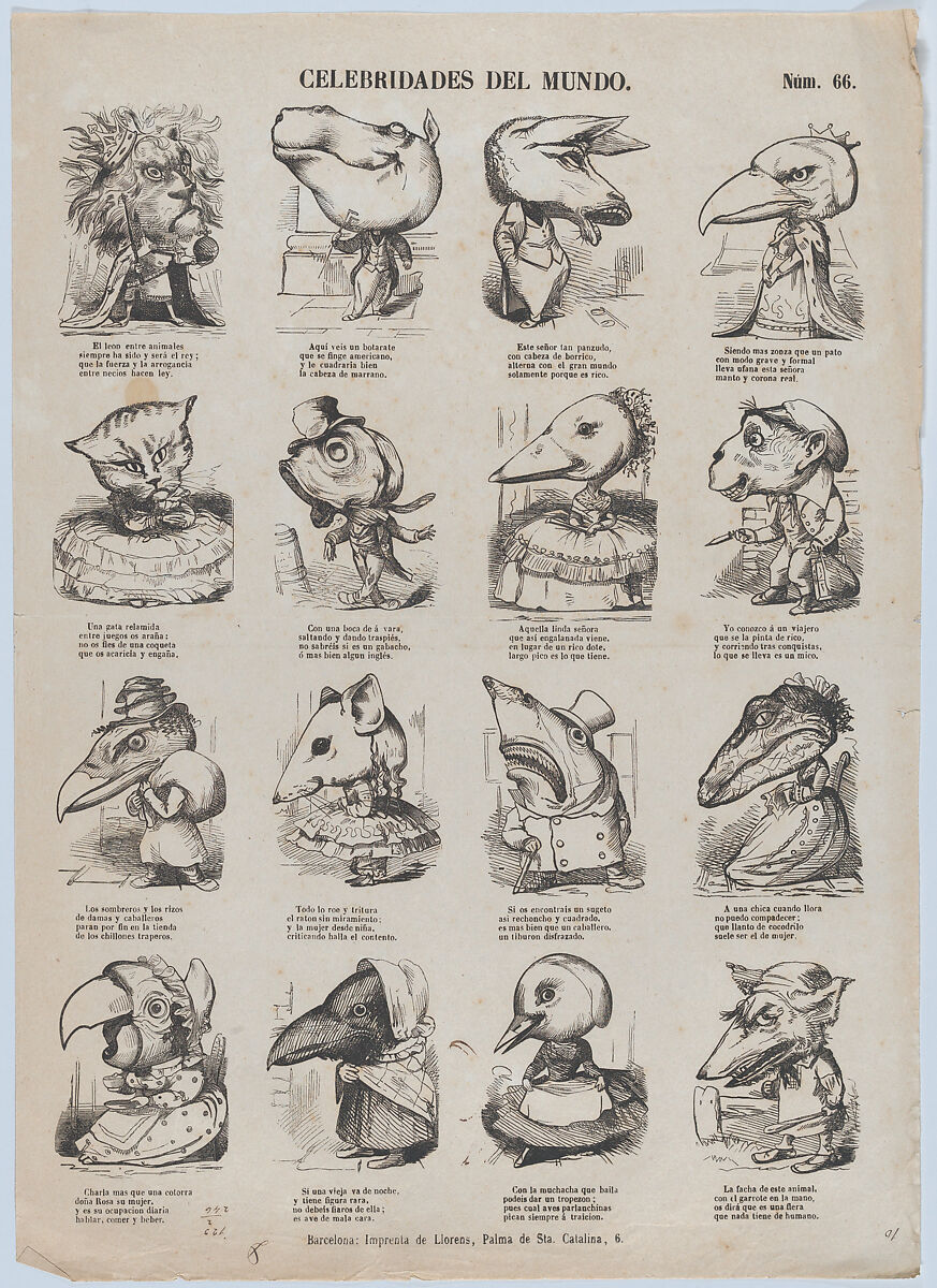 Broadside with 16 caricature figures representing celebrities of the world, Juan Llorens (Spanish, active Barcelona, ca. 1855–70), Wood engraving and letterpress 
