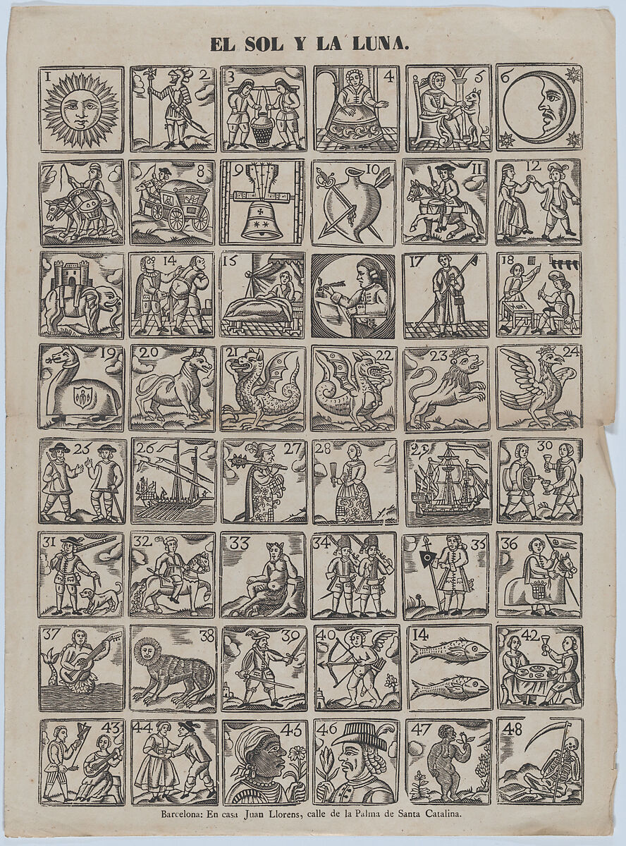 Broadside with 48 allegorical figures pertaining to the sun and the moon, Juan Llorens (Spanish, active Barcelona, ca. 1855–70), Wood engraving, letterpress 