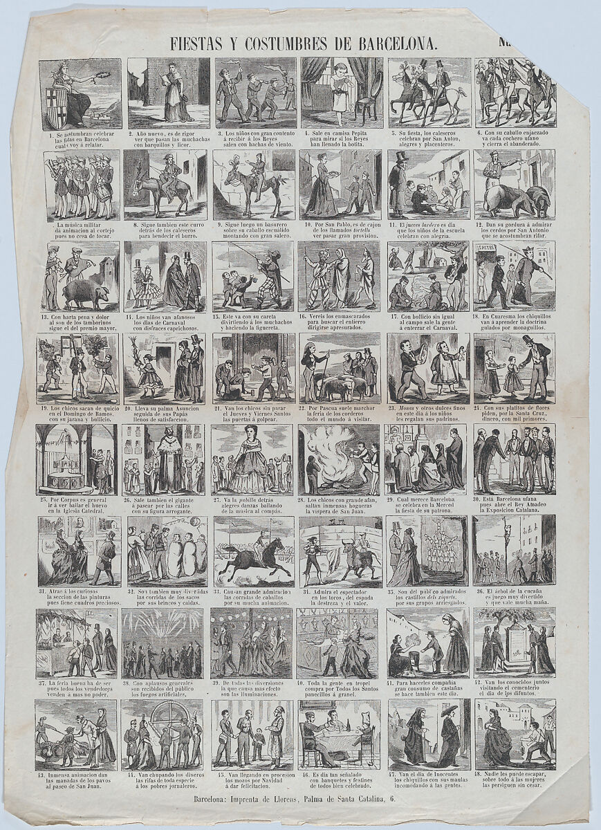 Broadside with 48 scenes depicting the celebrations and customs of Barcelona, Juan Llorens (Spanish, active Barcelona, ca. 1855–70), Wood engraving and letterpress 
